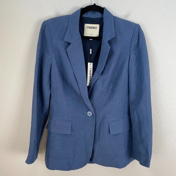 NEW $470 L'AGENCE Size 2 Blue Scout Blazer One Button Linen Cotton Blend Jacket - Picture 8 of 10